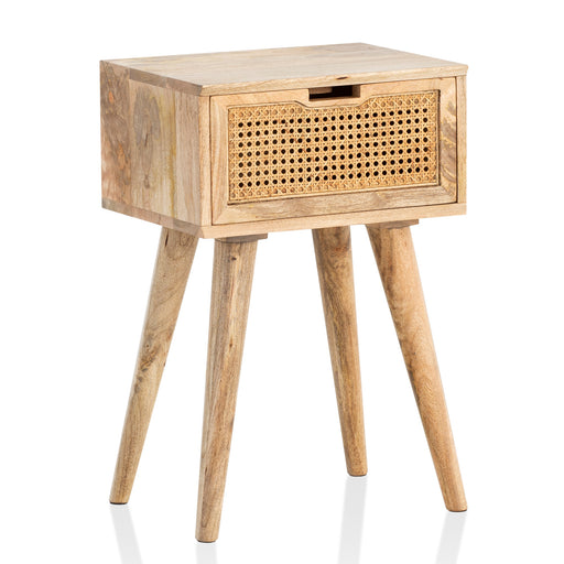 Nachtkonsole Mango Massivholz Rattan 40x60x30cm Braun mit Rattanfront und vier schlanken Holzbeinen.