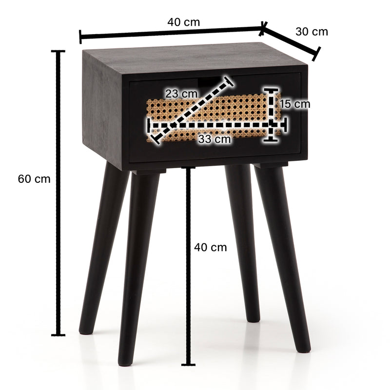 Nachtkonsole Mango Rattan 40x60x30cm Schwarz mit Schublade Stauraum