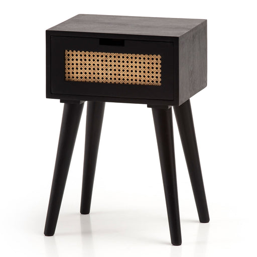 Nachtkonsole Mango Rattan 40x60x30cm Schwarz mit Rattanfront, Schublade und Holzbeinen in Gesamtansicht.
