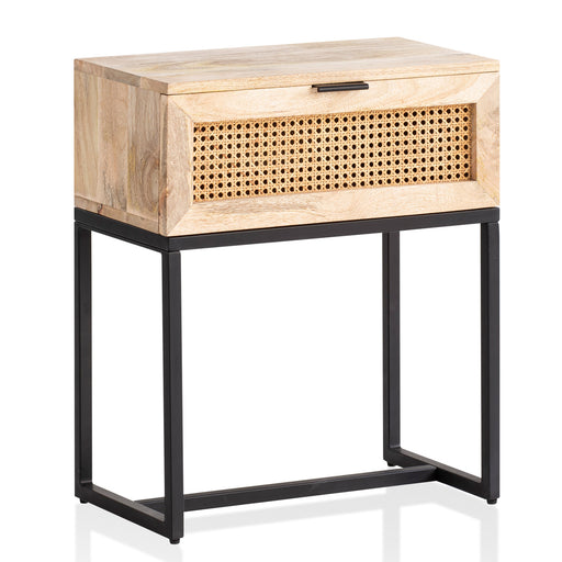 Nachtkonsole Mango Rattan mit Schublade, Gesamtansicht von vorne mit hellem Holzkorpus und schwarzem Metallgestell.