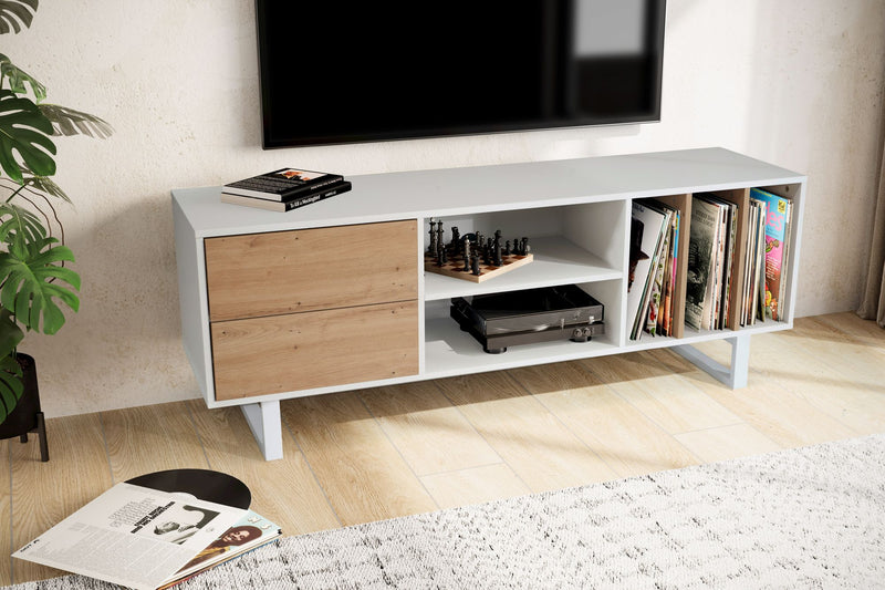 Lowboard Weiß Eiche-Dekor 150x55x40cm TV-Kommode Modern Schubladen Regal