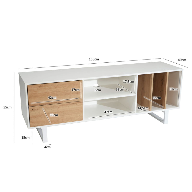 Lowboard Weiß Eiche-Dekor 150x55x40cm TV-Kommode Modern Schubladen Regal