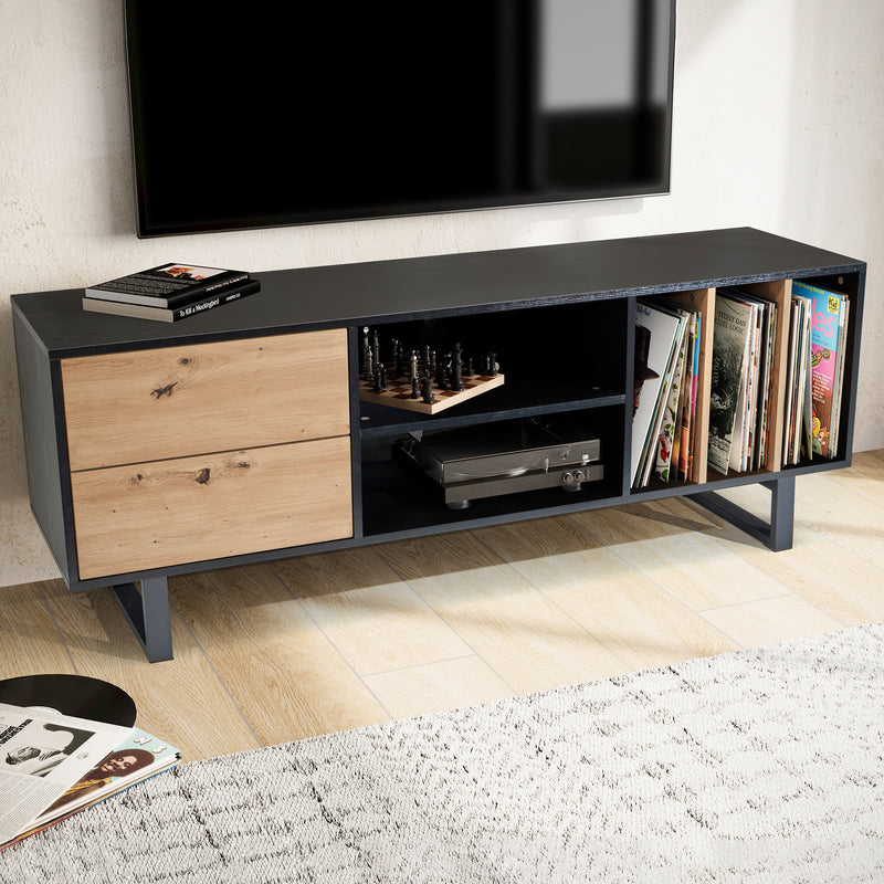 Lowboard Schwarz Eiche-Dekor 150x55x40cm TV-Kommode Modern Schubladen