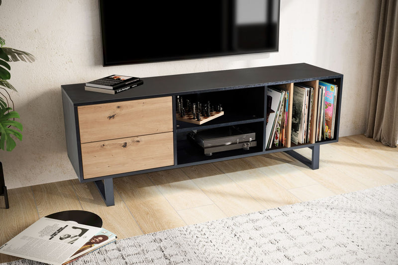 Lowboard Schwarz Eiche-Dekor 150x55x40cm TV-Kommode Modern Schubladen