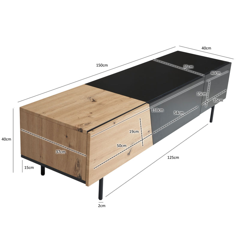 Lowboard Schwarz Eiche-Dekor 150x40x40cm TV-Kommode Modern Türen Schublade
