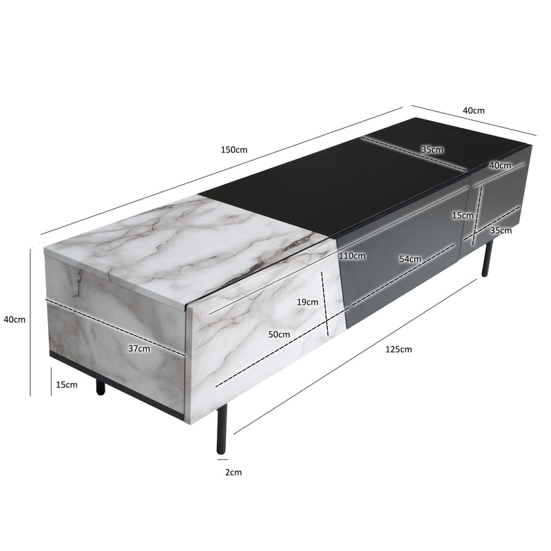 Lowboard Schwarz Marmor-Dekor Weiß 150x40x40cm TV-Kommode Modern