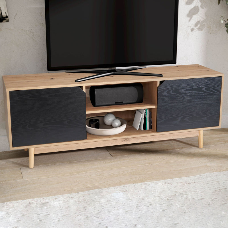 Lowboard 150x55x40cm Eiche-Dekor Schwarz TV-Kommode Modern Türen