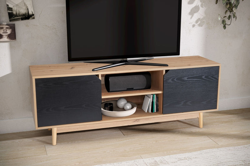 Lowboard 150x55x40cm Eiche-Dekor Schwarz TV-Kommode Modern Türen