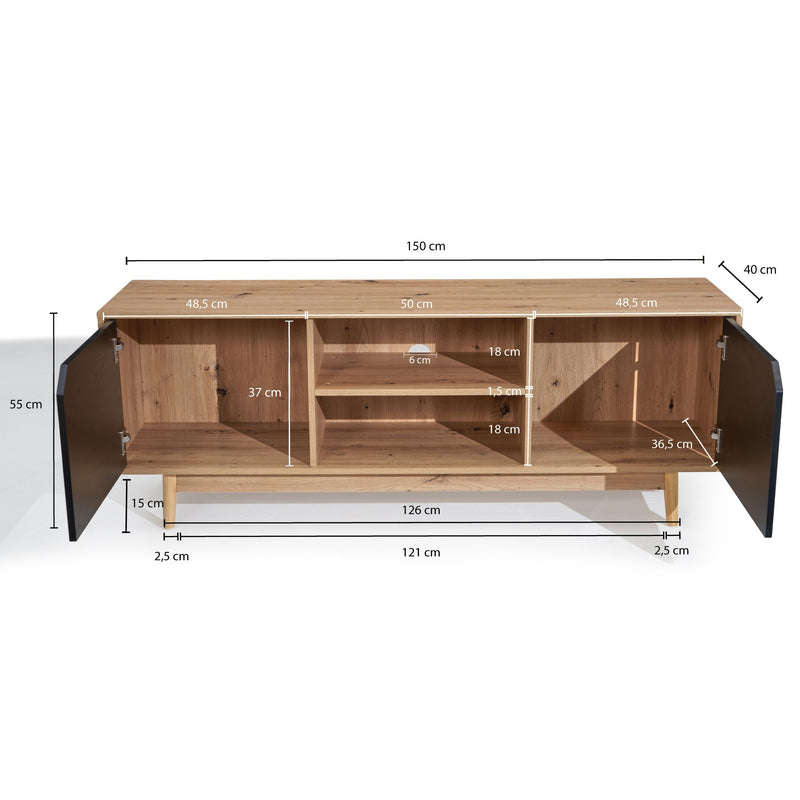 Lowboard 150x55x40cm Eiche-Dekor Schwarz TV-Kommode Modern Türen