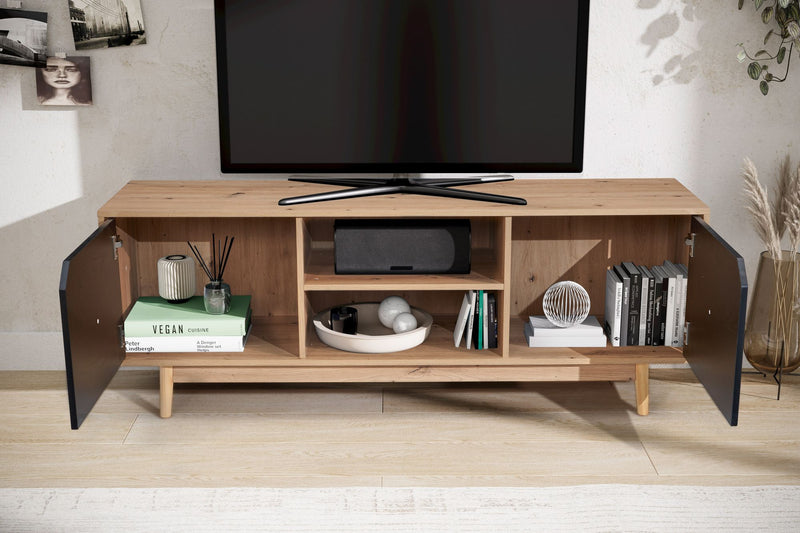 Lowboard 150x55x40cm Eiche-Dekor Schwarz TV-Kommode Modern Türen