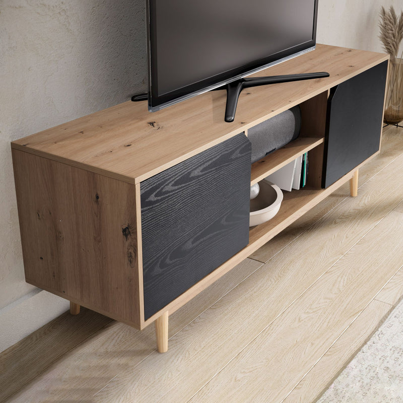Lowboard 150x55x40cm Eiche-Dekor Schwarz TV-Kommode Modern Türen