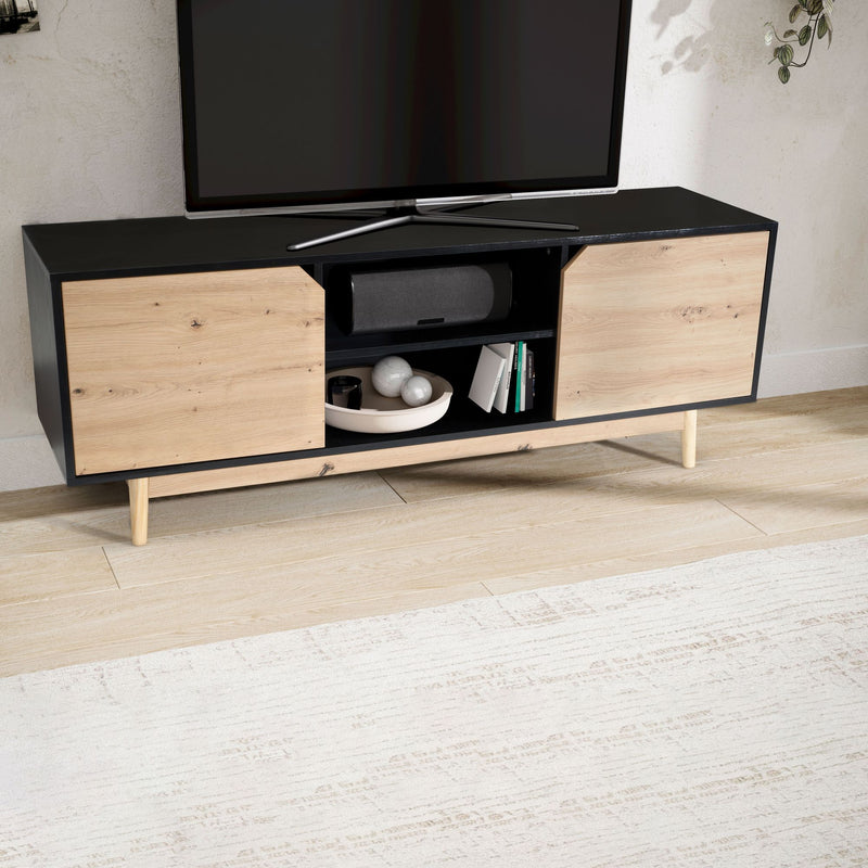 Lowboard Schwarz Eiche-Dekor 150x55x40cm TV-Kommode Modern Türen