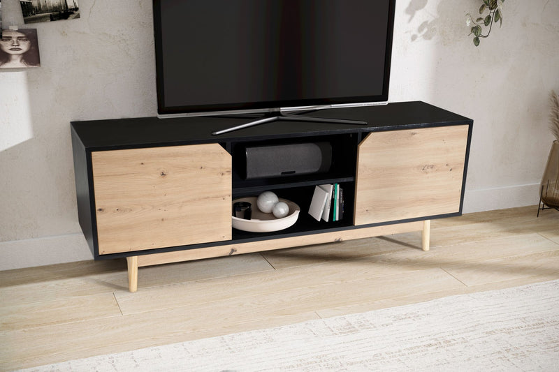 Lowboard Schwarz Eiche-Dekor 150x55x40cm TV-Kommode Modern Türen