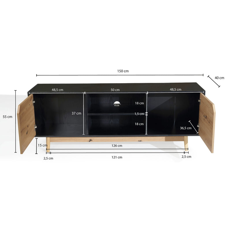 Lowboard Schwarz Eiche-Dekor 150x55x40cm TV-Kommode Modern Türen