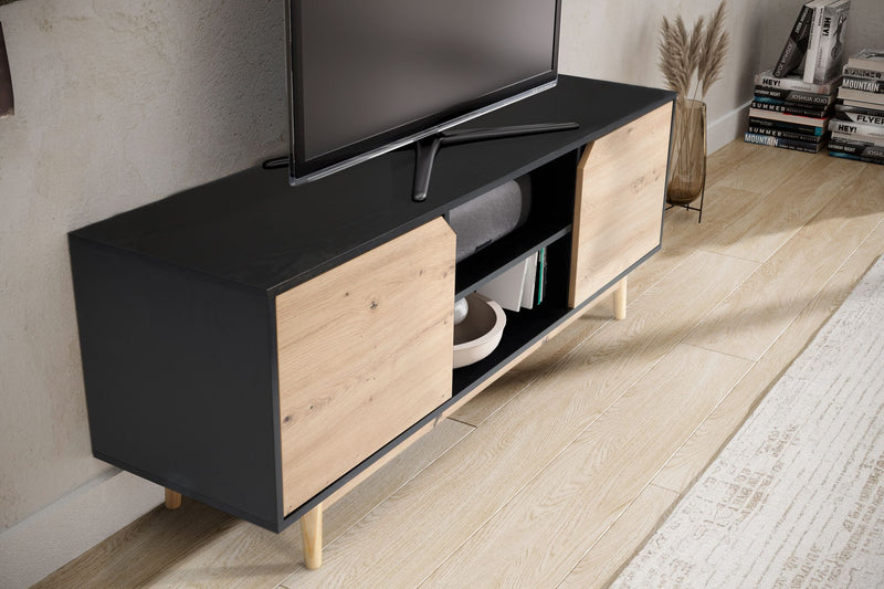 Lowboard Schwarz Eiche-Dekor 150x55x40cm TV-Kommode Modern Türen