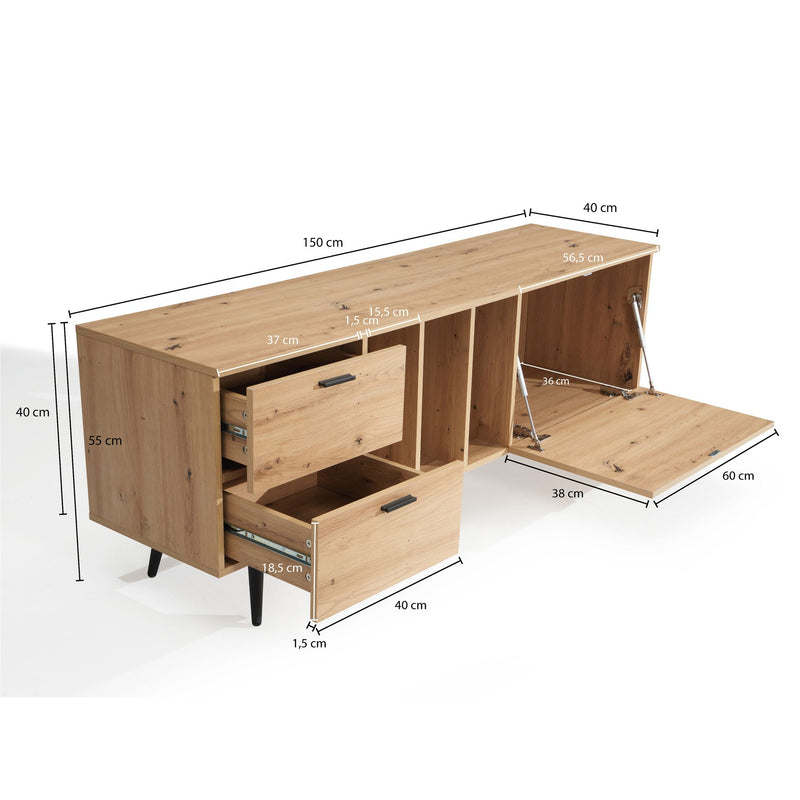 Lowboard Eiche-Dekor 150x55x40cm TV-Kommode Modern mit Tür & Schubladen