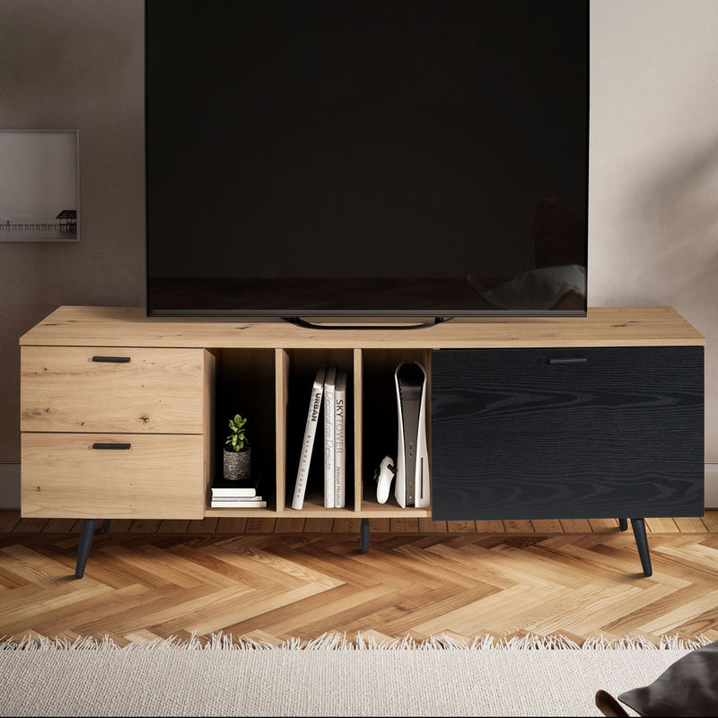 Lowboard TV-Kommode Eiche-Dekor Schwarz 150x55x40cm Modern Schubladen