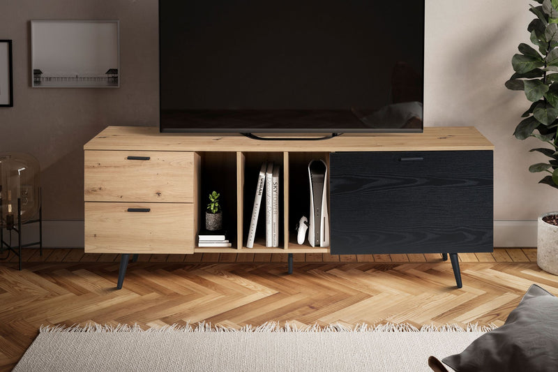 Lowboard TV-Kommode Eiche-Dekor Schwarz 150x55x40cm Modern Schubladen