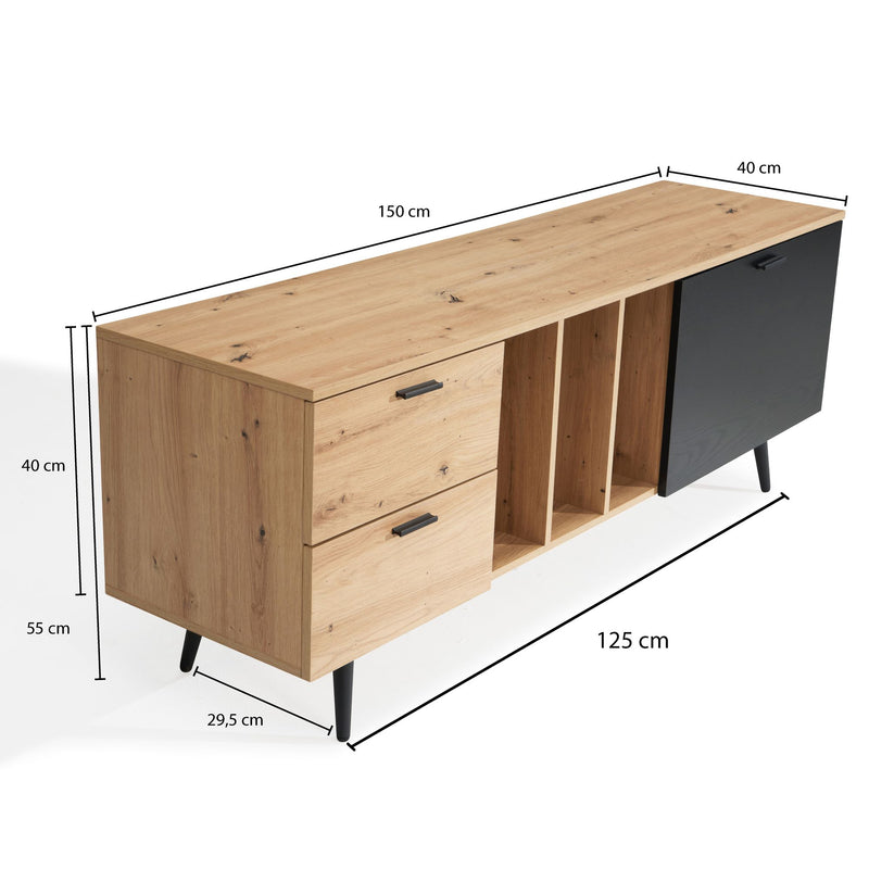 Lowboard TV-Kommode Eiche-Dekor Schwarz 150x55x40cm Modern Schubladen
