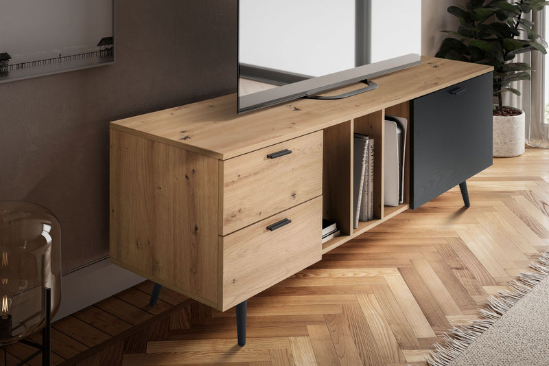Lowboard TV-Kommode Eiche-Dekor Schwarz 150x55x40cm Modern Schubladen