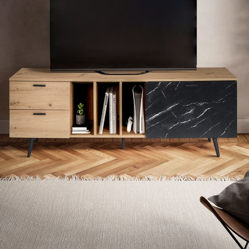 Lowboard Eiche-Dekor Marmor-Look Schwarz 150x55x40cm TV-Schrank Modern