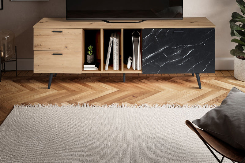 Lowboard Eiche-Dekor Marmor-Look Schwarz 150x55x40cm TV-Schrank Modern