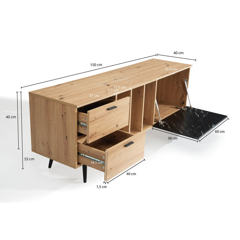 Lowboard Eiche-Dekor Marmor-Look Schwarz 150x55x40cm TV-Schrank Modern