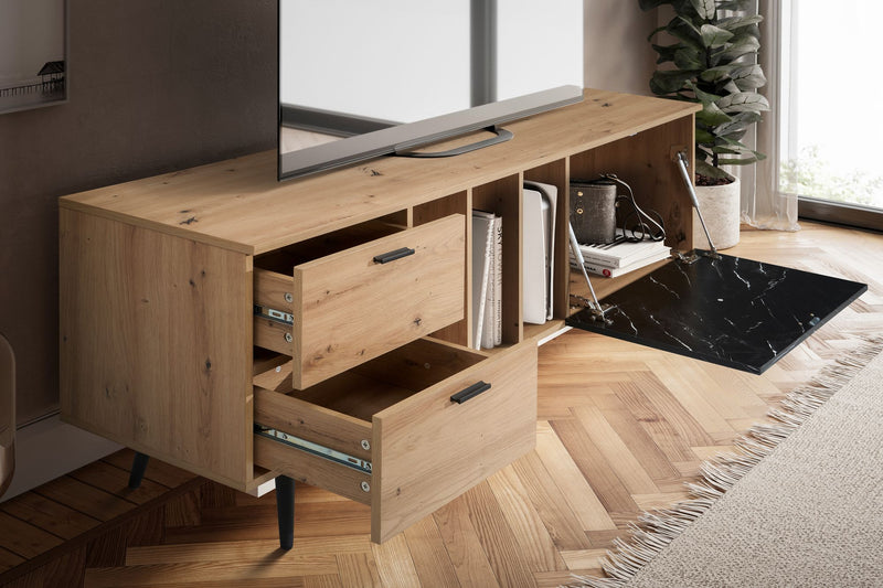 Lowboard Eiche-Dekor Marmor-Look Schwarz 150x55x40cm TV-Schrank Modern