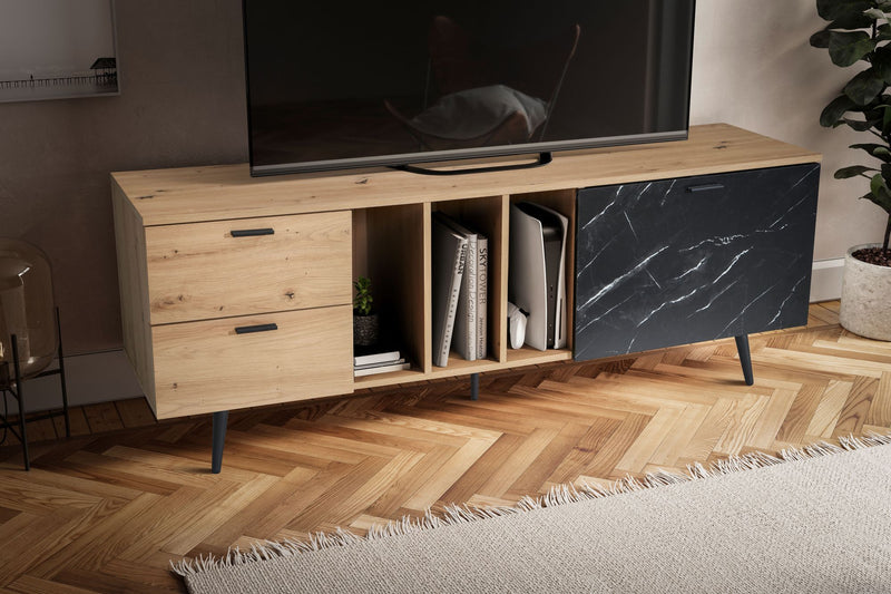 Lowboard Eiche-Dekor Marmor-Look Schwarz 150x55x40cm TV-Schrank Modern