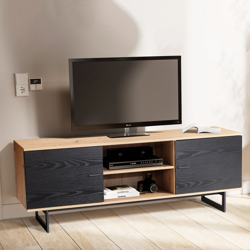 Lowboard 150x55x40cm Eiche-Dekor Schwarz TV-Kommode Modern Türen
