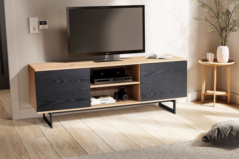 Lowboard 150x55x40cm Eiche-Dekor Schwarz TV-Kommode Modern Türen
