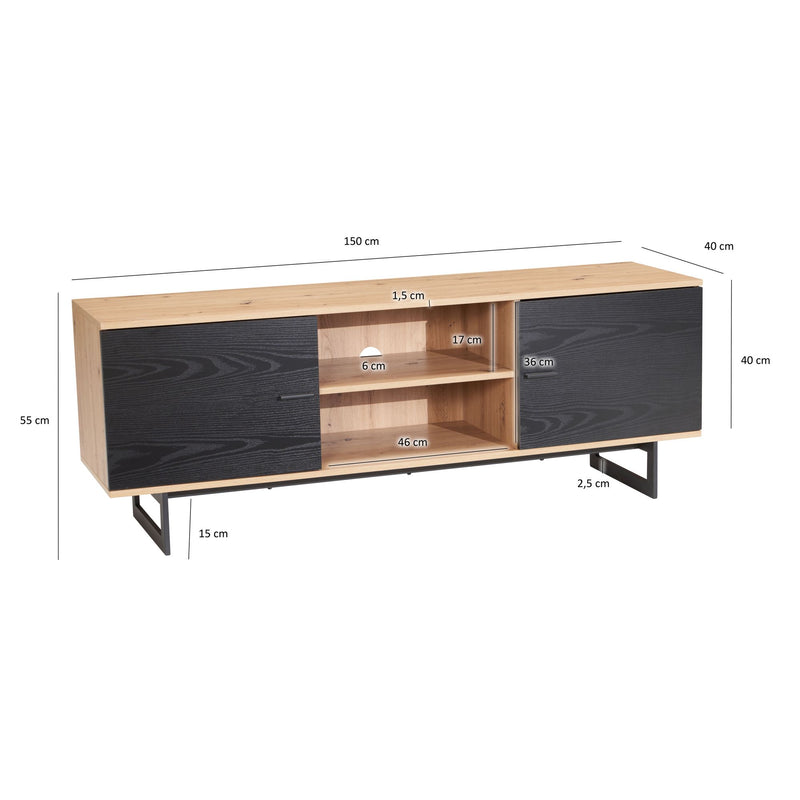 Lowboard 150x55x40cm Eiche-Dekor Schwarz TV-Kommode Modern Türen