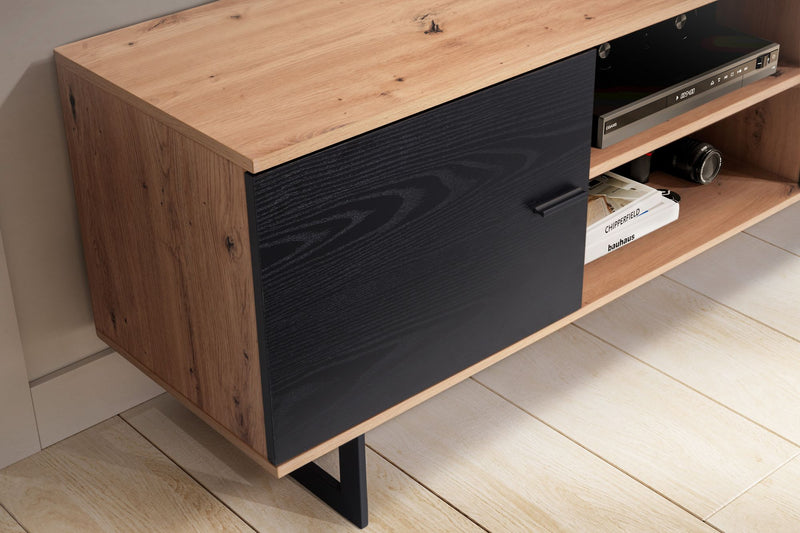 Lowboard 150x55x40cm Eiche-Dekor Schwarz TV-Kommode Modern Türen