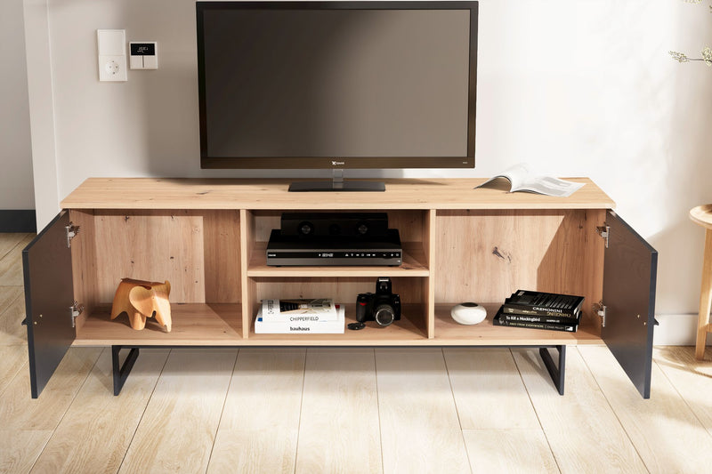 Lowboard 150x55x40cm Eiche-Dekor Schwarz TV-Kommode Modern Türen