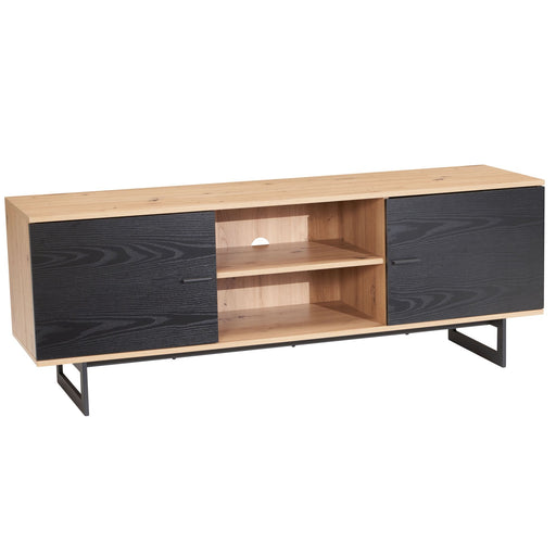 Lowboard 150x55x40cm Eiche-Dekor Schwarz in Gesamtansicht mit heller Holzplatte, zwei schwarzen Türen und offenem Mittelfach.