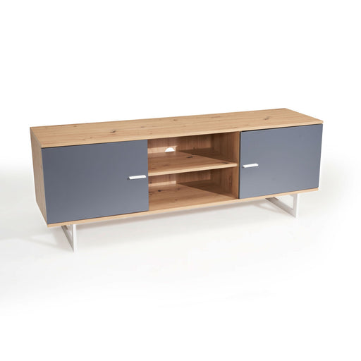 Lowboard Eiche-Dekor Grau 150x55x40cm TV-Kommode Modern mit offenen Mittelablagen und geschlossenen Seitentüren.
