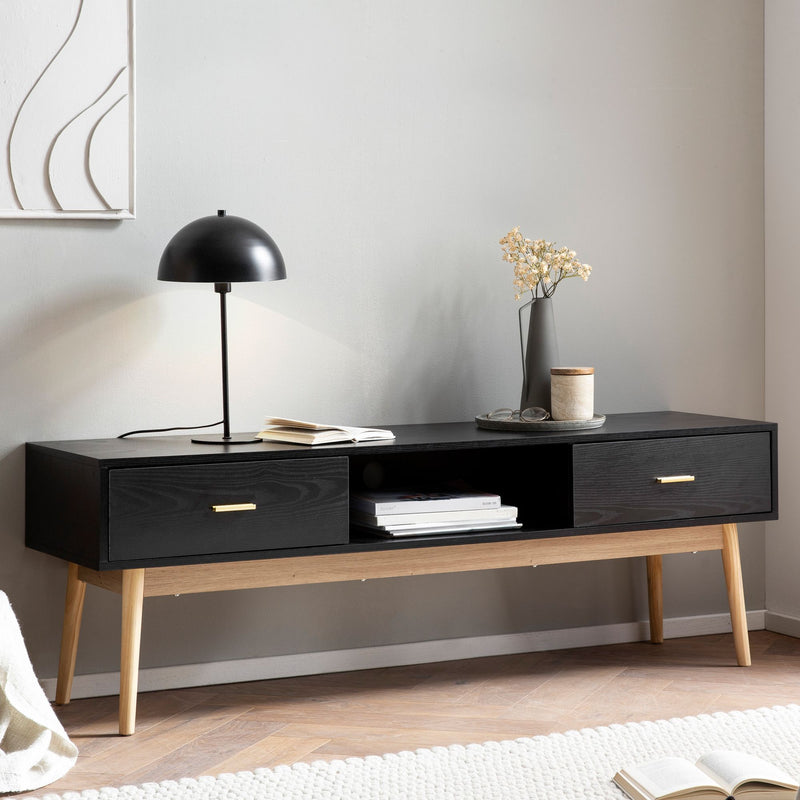 Lowboard Schwarz Eiche-Dekor 150x50x40cm TV-Kommode Modern Schubladen