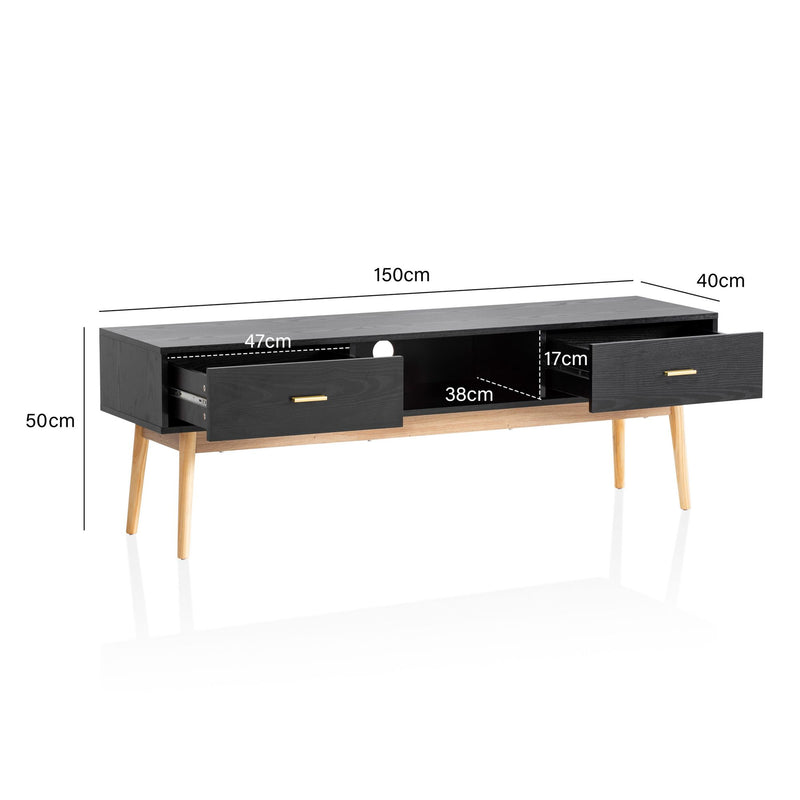 Lowboard Schwarz Eiche-Dekor 150x50x40cm TV-Kommode Modern Schubladen