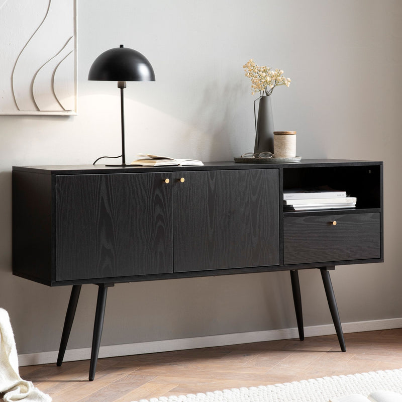 Sideboard 140x75x40cm Schwarz Eiche-Dekor 2 Türen Schublade Fach