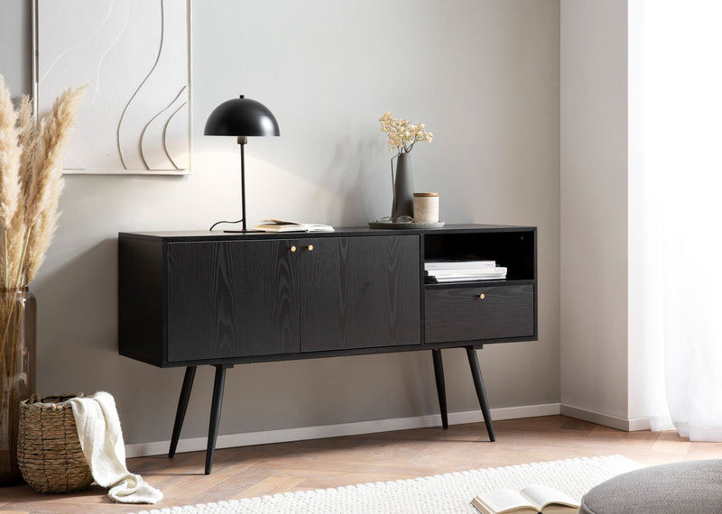 Sideboard 140x75x40cm Schwarz Eiche-Dekor 2 Türen Schublade Fach