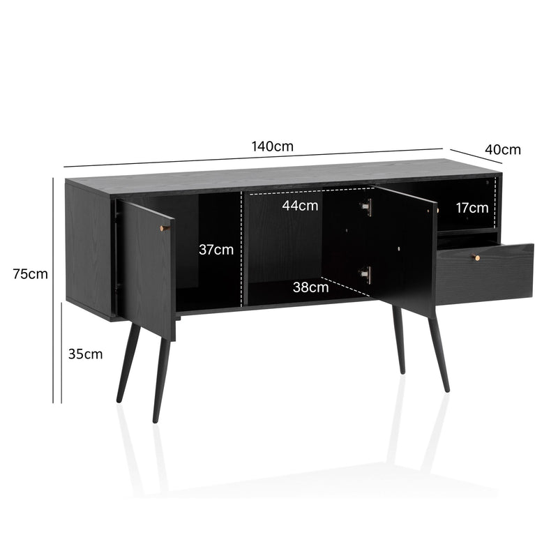 Sideboard 140x75x40cm Schwarz Eiche-Dekor 2 Türen Schublade Fach