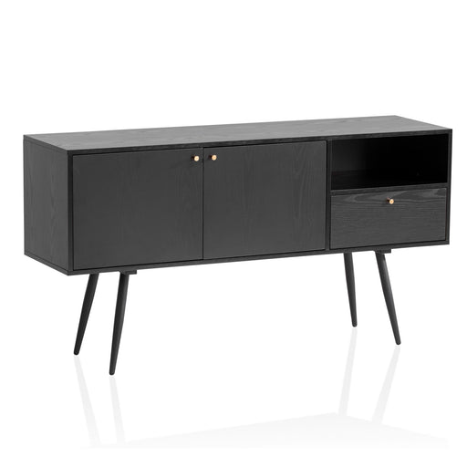 Sideboard 140x75x40cm Schwarz Eiche-Dekor in Gesamtansicht mit zwei Türen, offener Nische und Schublade auf vier Beinen.