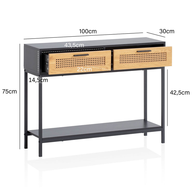 Konsolentisch Schwarz 100x30x75cm Wiener Geflecht Schubladen Rattan