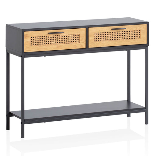 Konsolentisch Schwarz mit Wiener Geflecht, zwei Holzschubladen und Metallgestell in Gesamtansicht.