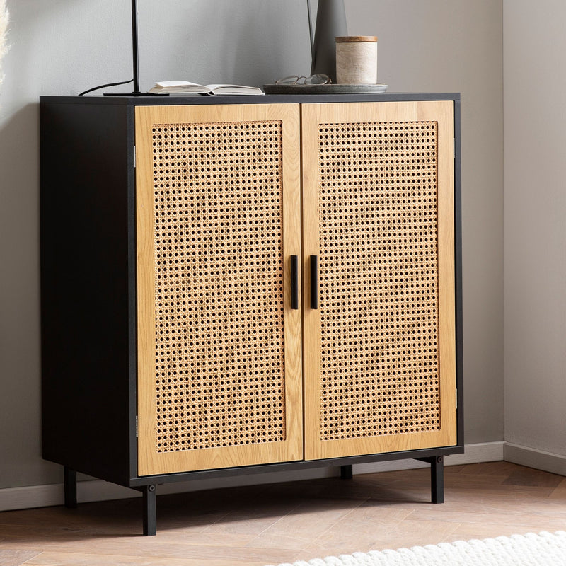 Sideboard 80x86,5x40cm Schwarz Wiener Geflecht Rattan 2 Türen