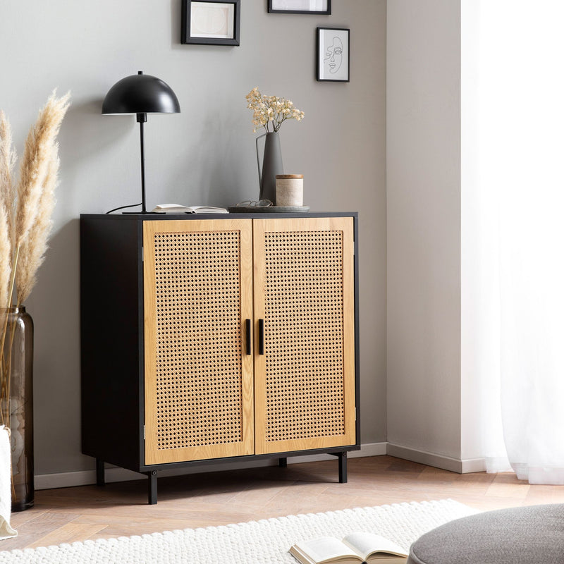 Sideboard 80x86,5x40cm Schwarz Wiener Geflecht Rattan 2 Türen