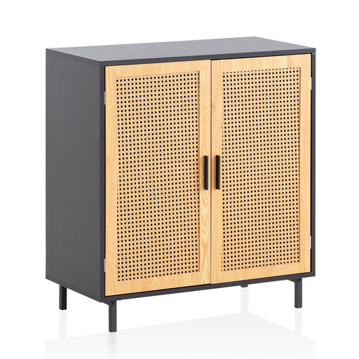Sideboard 80x86,5x40cm Schwarz mit zwei Türen aus Wiener Geflecht in Gesamtansicht.