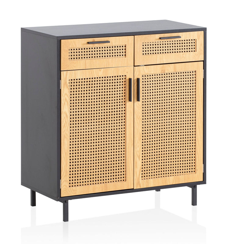 Sideboard 80x86,5x40 cm Schwarz Wiener Geflecht Rattan 2 Türen Schubladen
