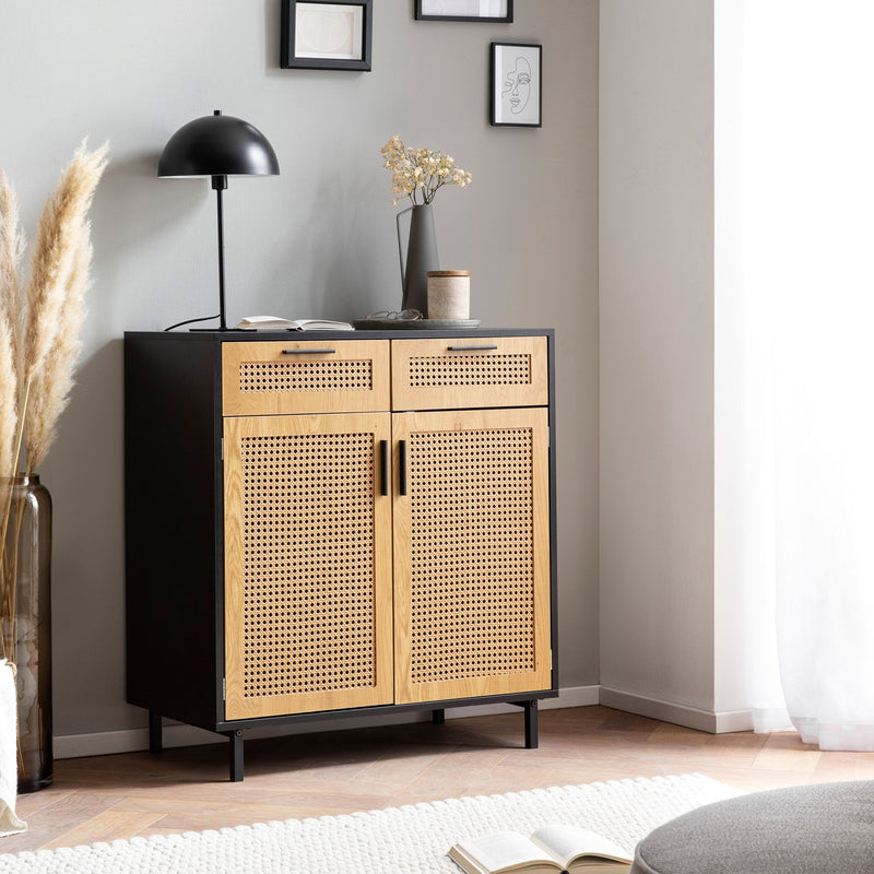 Sideboard 80x86,5x40 cm Schwarz Wiener Geflecht Rattan 2 Türen Schubladen