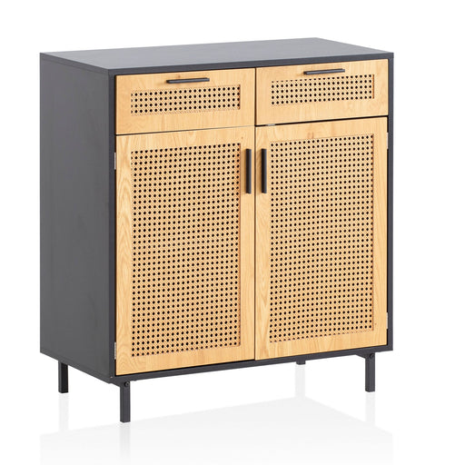 Sideboard mit grauem Korpus, hellholzfarbenen Türen und Schubladen mit Wiener Geflecht, Gesamtansicht von vorne.